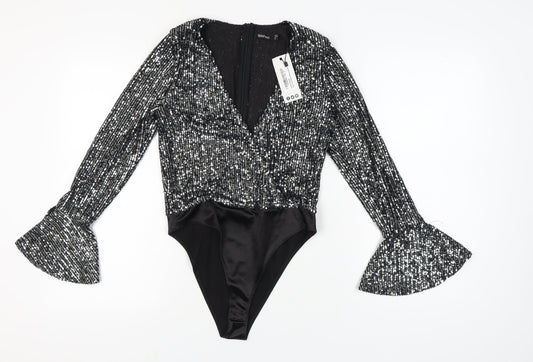 Boohoo Women's Black Sequin Bodysuit, Size 10, Party Vibe