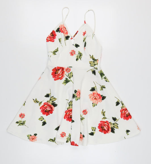 New Look Women's White Floral Fit & Flare Dress, Size 8