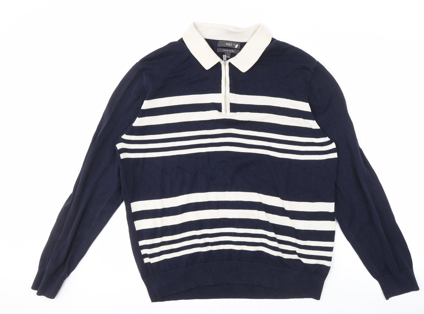 Marks and Spencer Men's Blue Striped Collared Jumper L