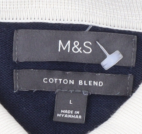 Marks and Spencer Men's Blue Striped Collared Jumper L