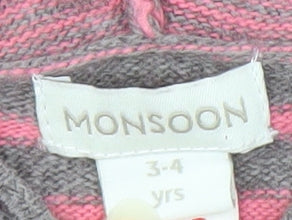 Monsoon Girls Pink Grey Striped Henley Jumper 3-4 Years