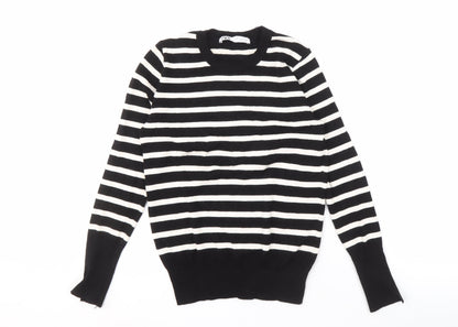 ZARA Women's Black Striped Crew Neck Pullover Jumper