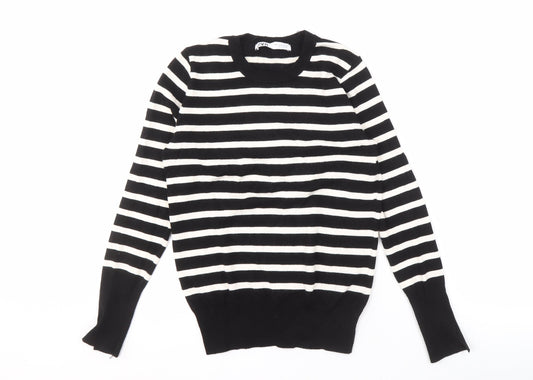 ZARA Women's Black Striped Crew Neck Pullover Jumper