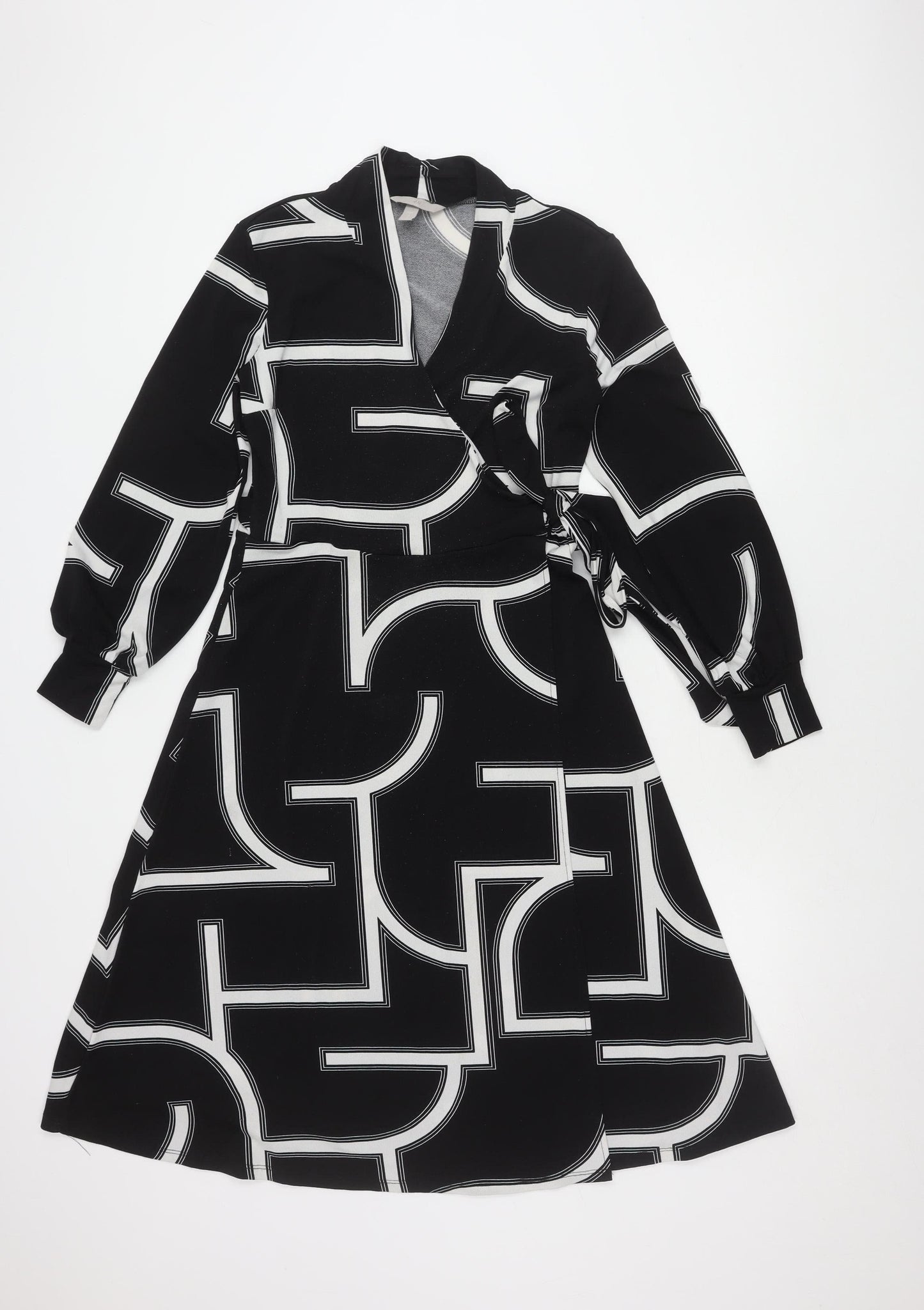 H&M Women's Black Geometric Long Sleeve Dress S