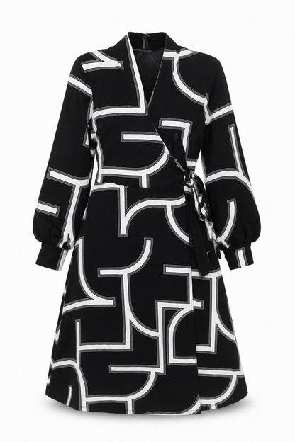 H&M Women's Black Geometric Long Sleeve Dress S