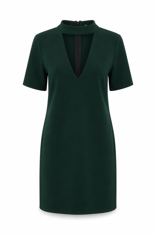 Front view of Zara Woman Green Sheath Dress, S, Short Sleeve, V-Neck