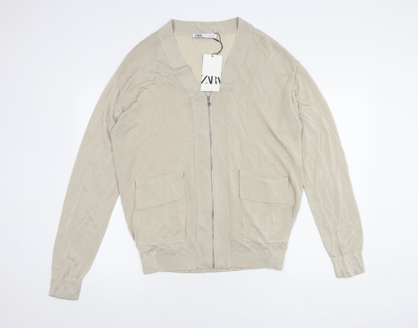 Womens UK Size S Zara Beige Full Zip Jumper