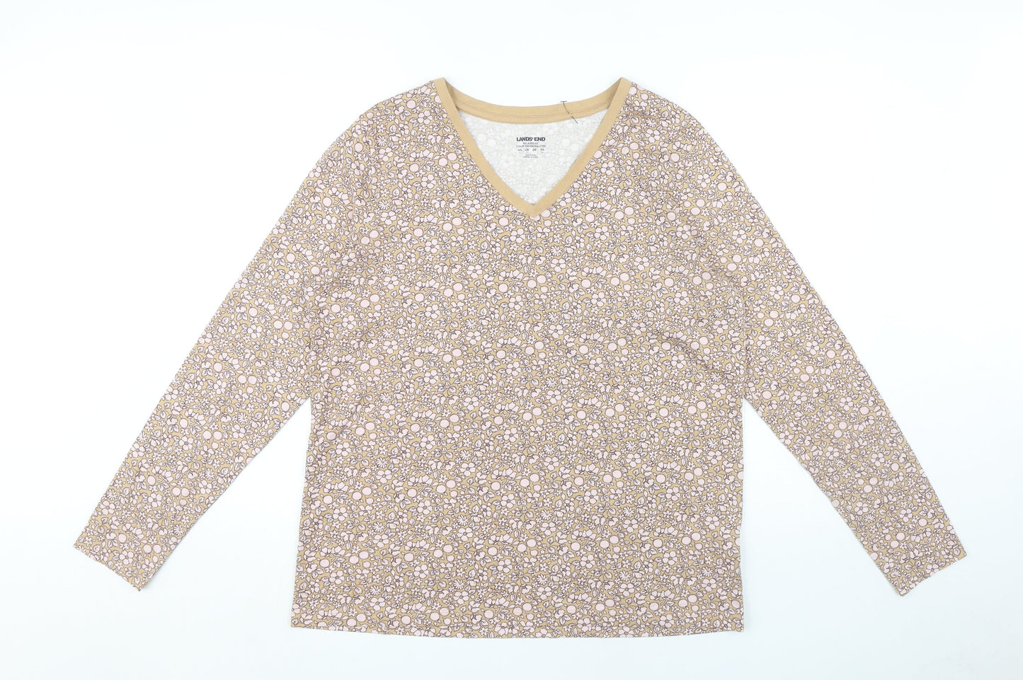 Lands' End Women's Beige Floral Long Sleeve T-Shirt L
