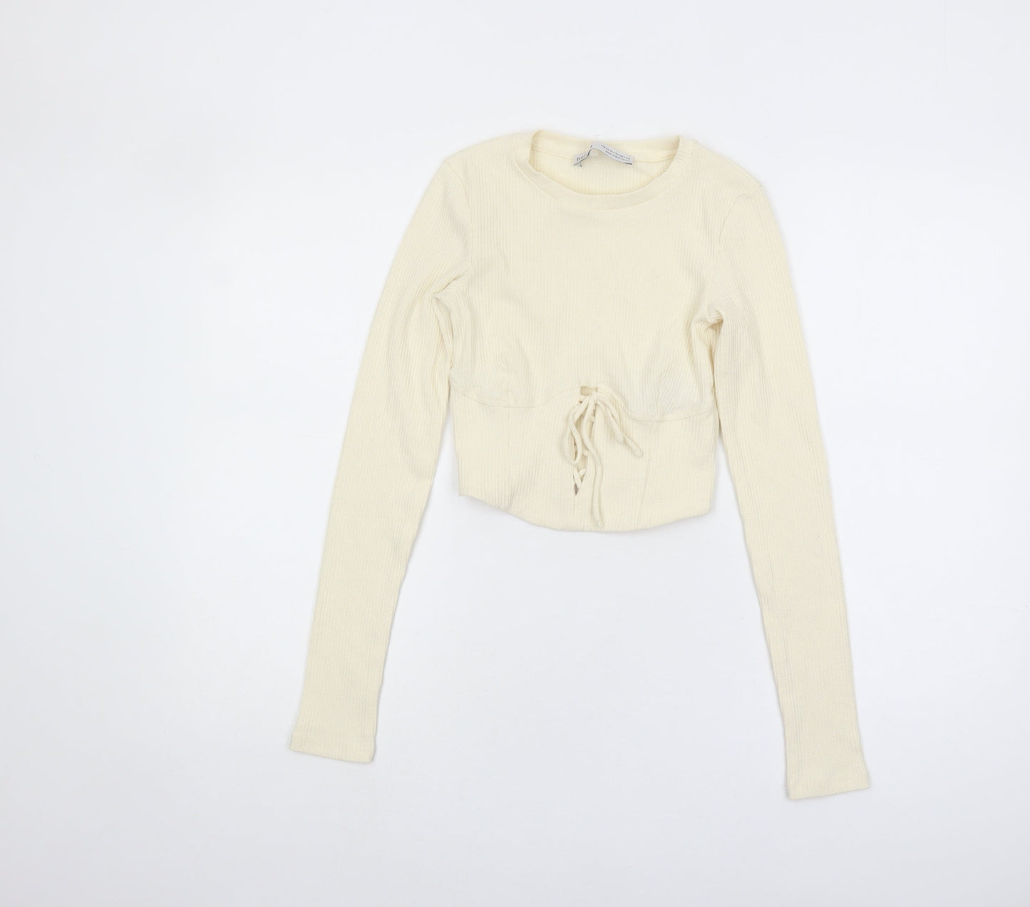 Bershka Women's Ivory Cropped Slim Knit Top, XS