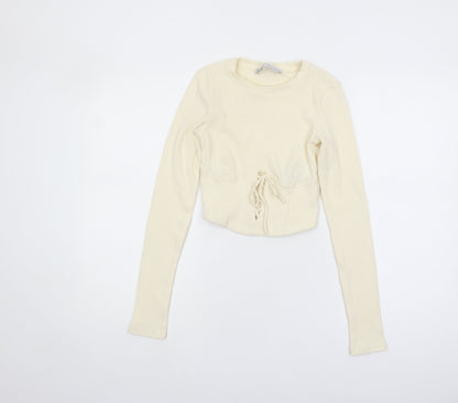 Bershka Women's Ivory Cropped Slim Knit Top, XS