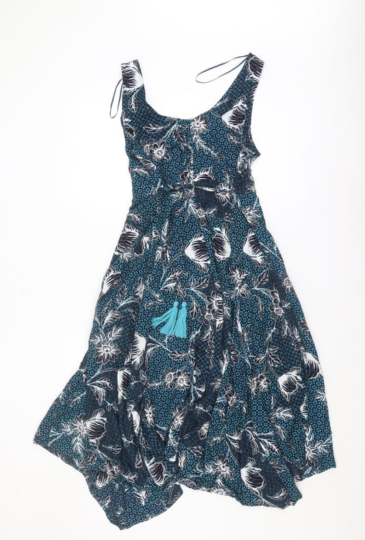 Bonmarché Women's Blue Floral Tasselled Sleeveless Dress