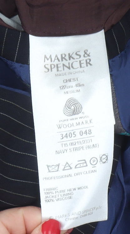 Marks and Spencer Men's Blue Striped Blazer - Size 48 M