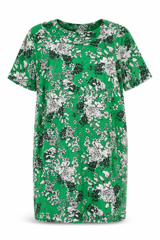 Front view of Roman Green Floral Short Sleeve Women's Dress, size 10