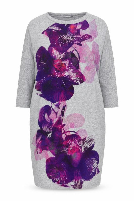 Front view of Roman Women Grey Floral Crew Neck Dress, size 18