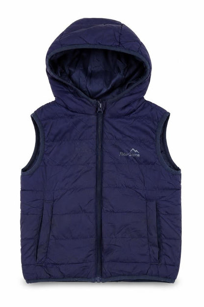 Front view of Peter Storm boys’ blue hooded bodywarmer jacket, 3-4 years