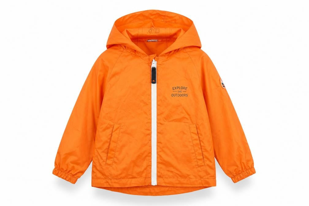 Front view of Mantaray boys’ orange hooded rain coat 2-3 years