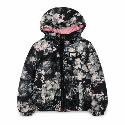 Front view of DKNY girls’' multicoloured floral puffer jacket, size 3