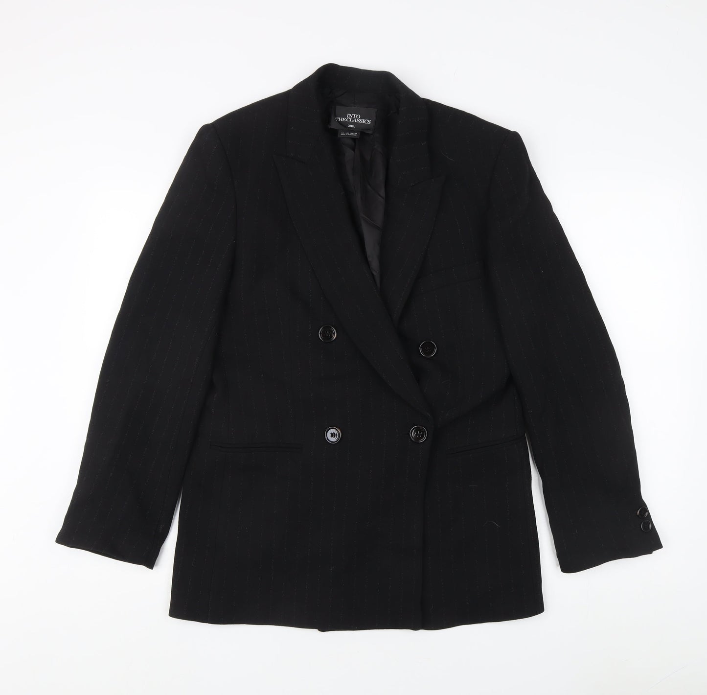 Zara Women's Black Pinstripe Double-Breasted Jacket Size 4