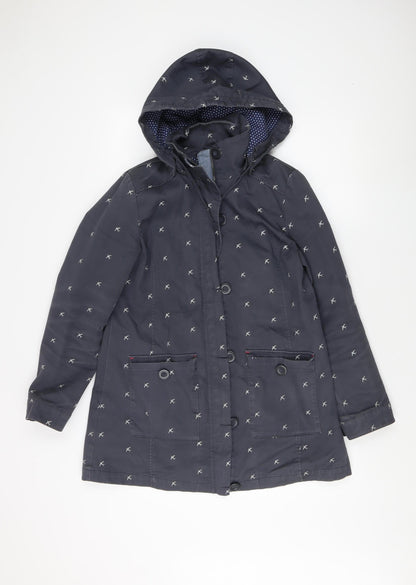 White Stuff Women's Blue Bird Pattern Hooded Coat Size 12