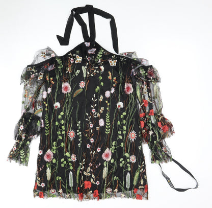 PrettyLittleThing Women's Black Floral Embroidered Dress