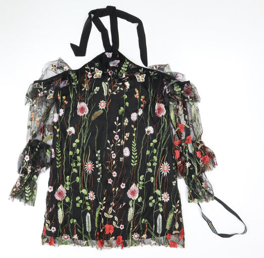 PrettyLittleThing Women's Black Floral Embroidered Dress