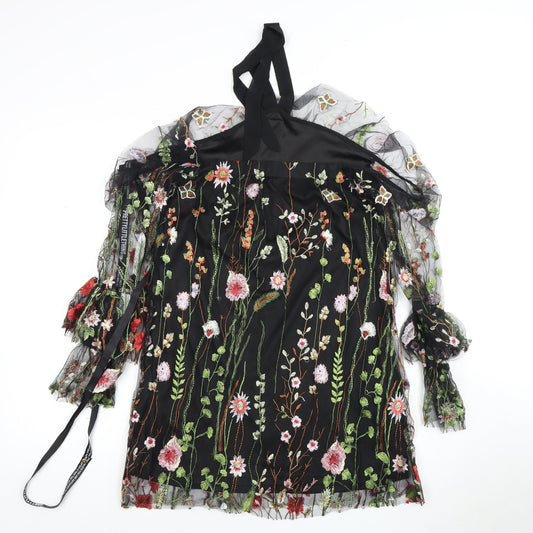 PrettyLittleThing Women's Black Floral Embroidered Dress