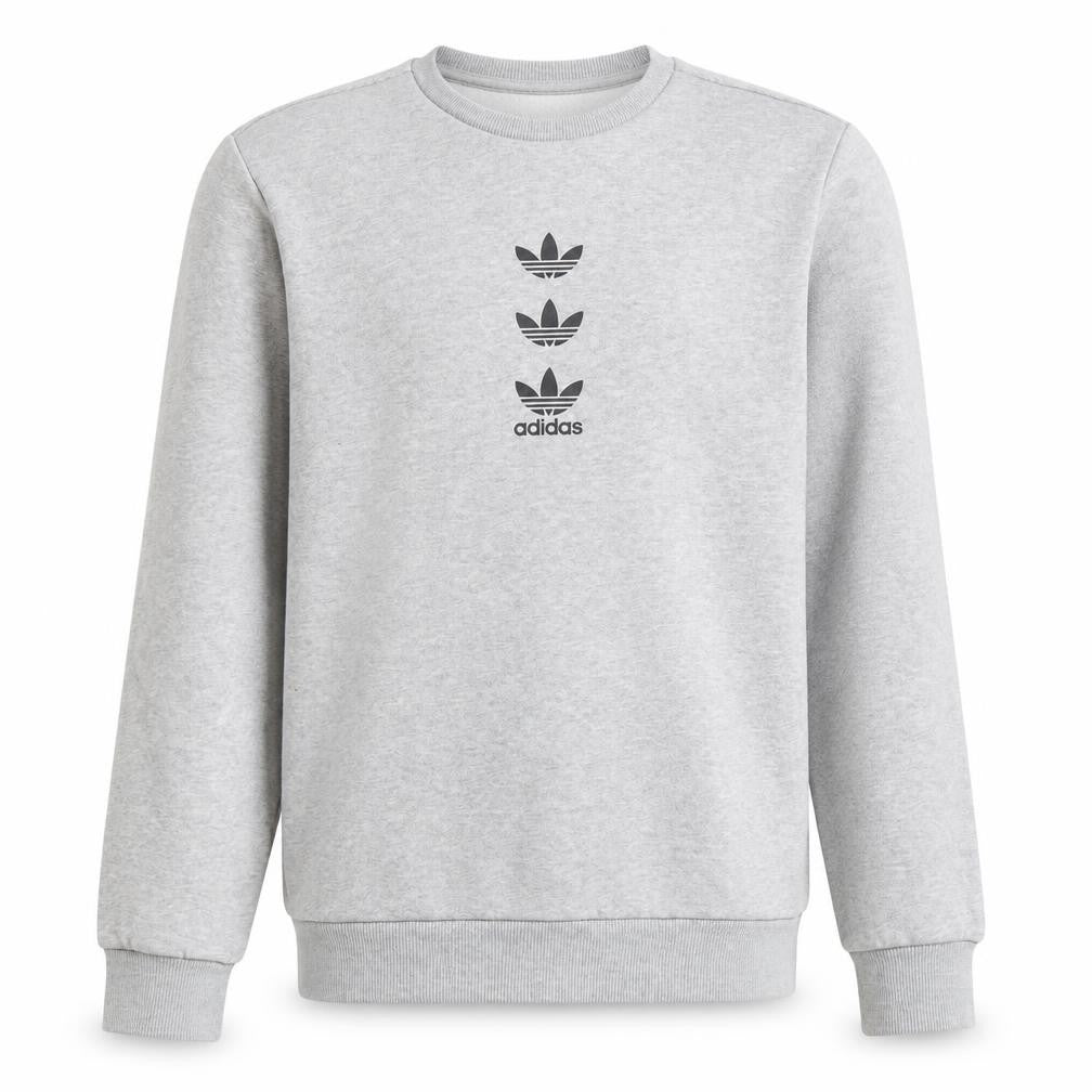 Front view of Adidas boys’ grey pullover sweatshirt 13-14 years logo design