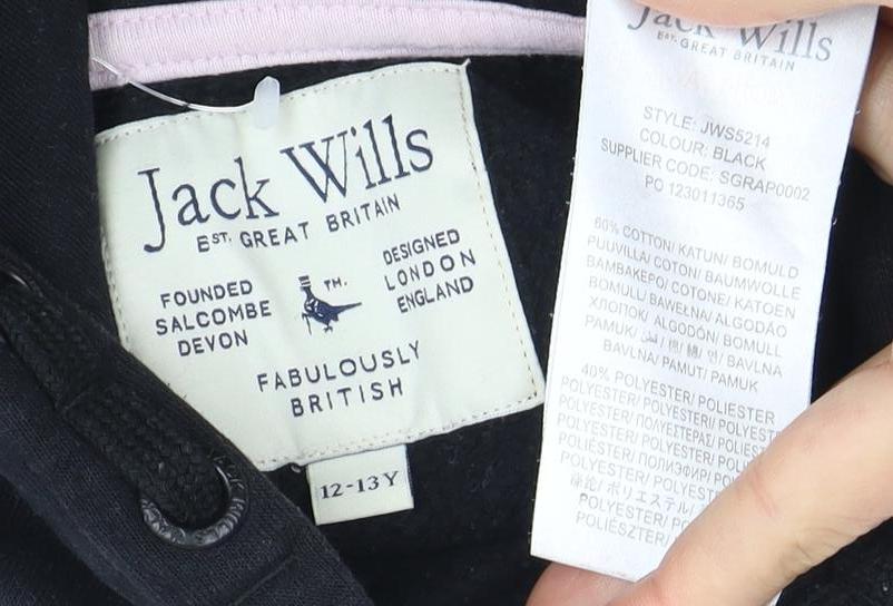 Jack Wills Black Girls Hoodie 12Y Pullover Graphic Print