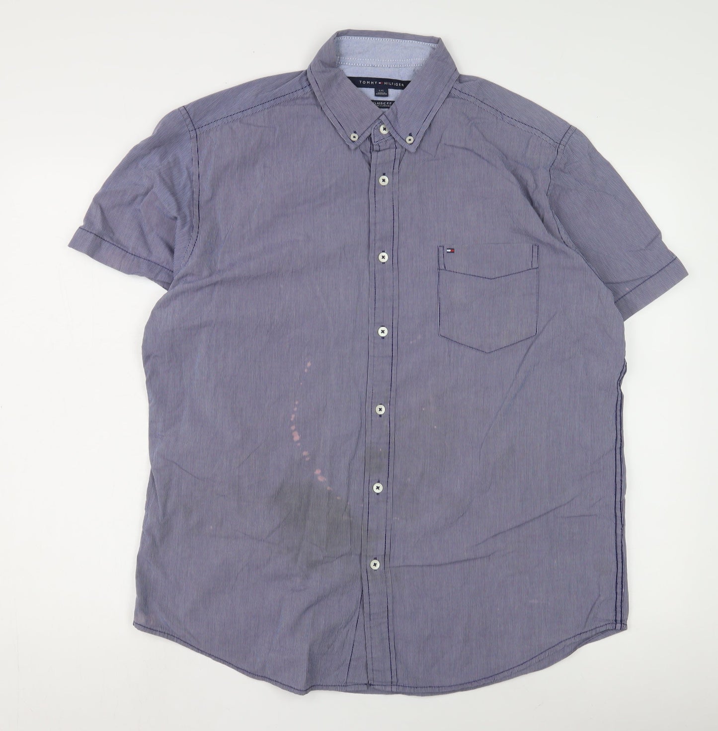 Tommy Hilfiger Men's Blue Striped Button-Up Shirt L