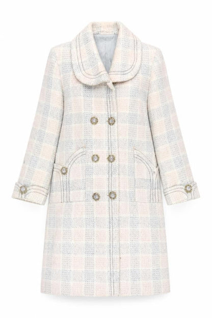 Tian Sheng Women's Beige Check Wool Pea Coat - XL