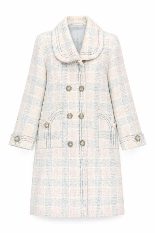 Tian Sheng Women's Beige Check Wool Pea Coat - XL
