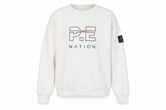 Front view of P.E Nation unisex white pullover s casual jumper