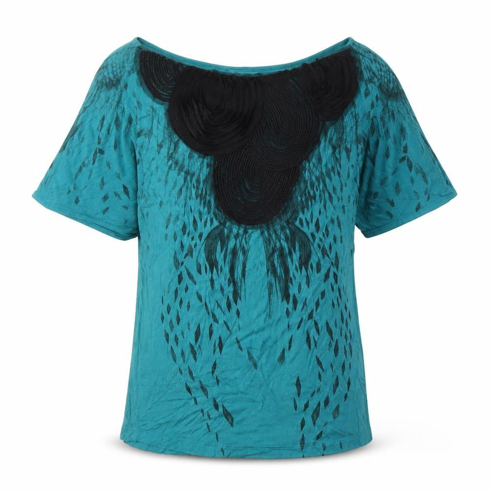 MNG Women's Green Boat Neck Viscose Top, M, Short Sleeve