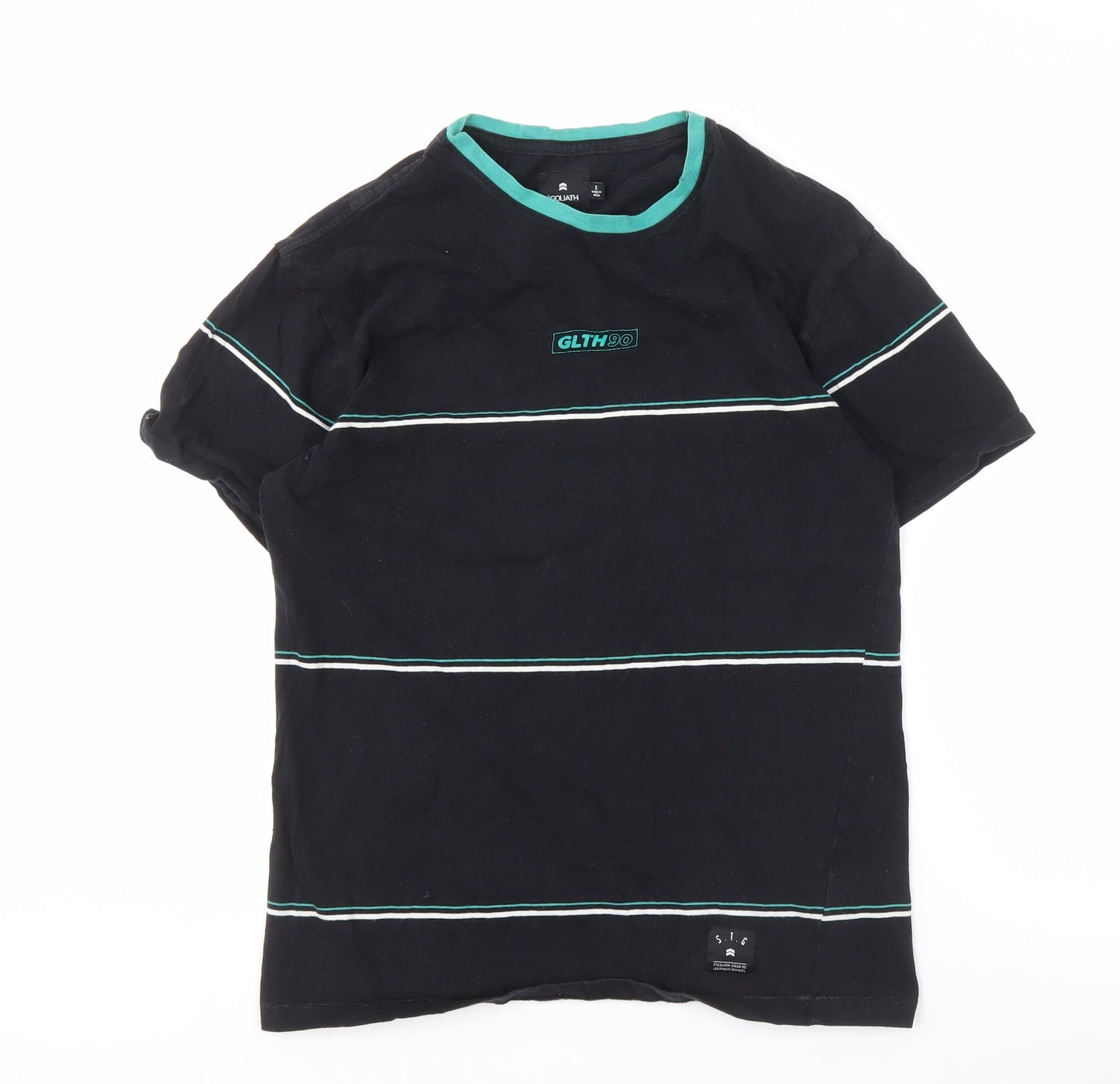 St Goliath Men's Black Striped T-Shirt, 90s Crew Neck, Small