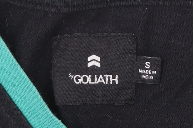 St Goliath Men's Black Striped T-Shirt, 90s Crew Neck, Small
