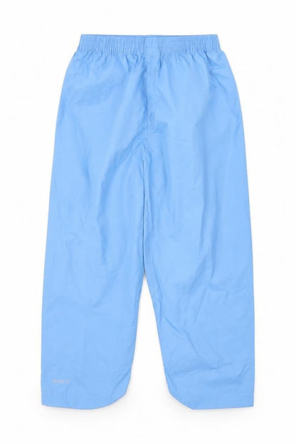 Front view of Mountain Warehouse boys’ blue waterproof rain trousers, size 5