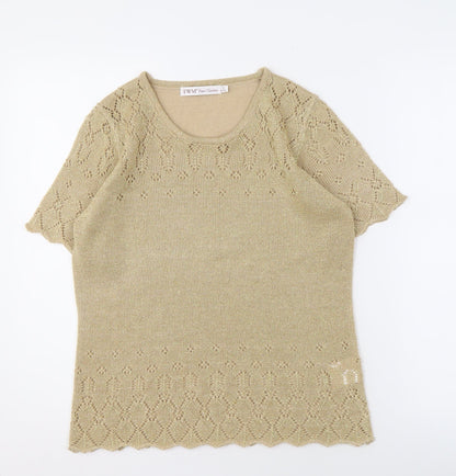 EWM Beige Short Sleeve Knit Blouse, Size 10-12, Round Neck Women's Top