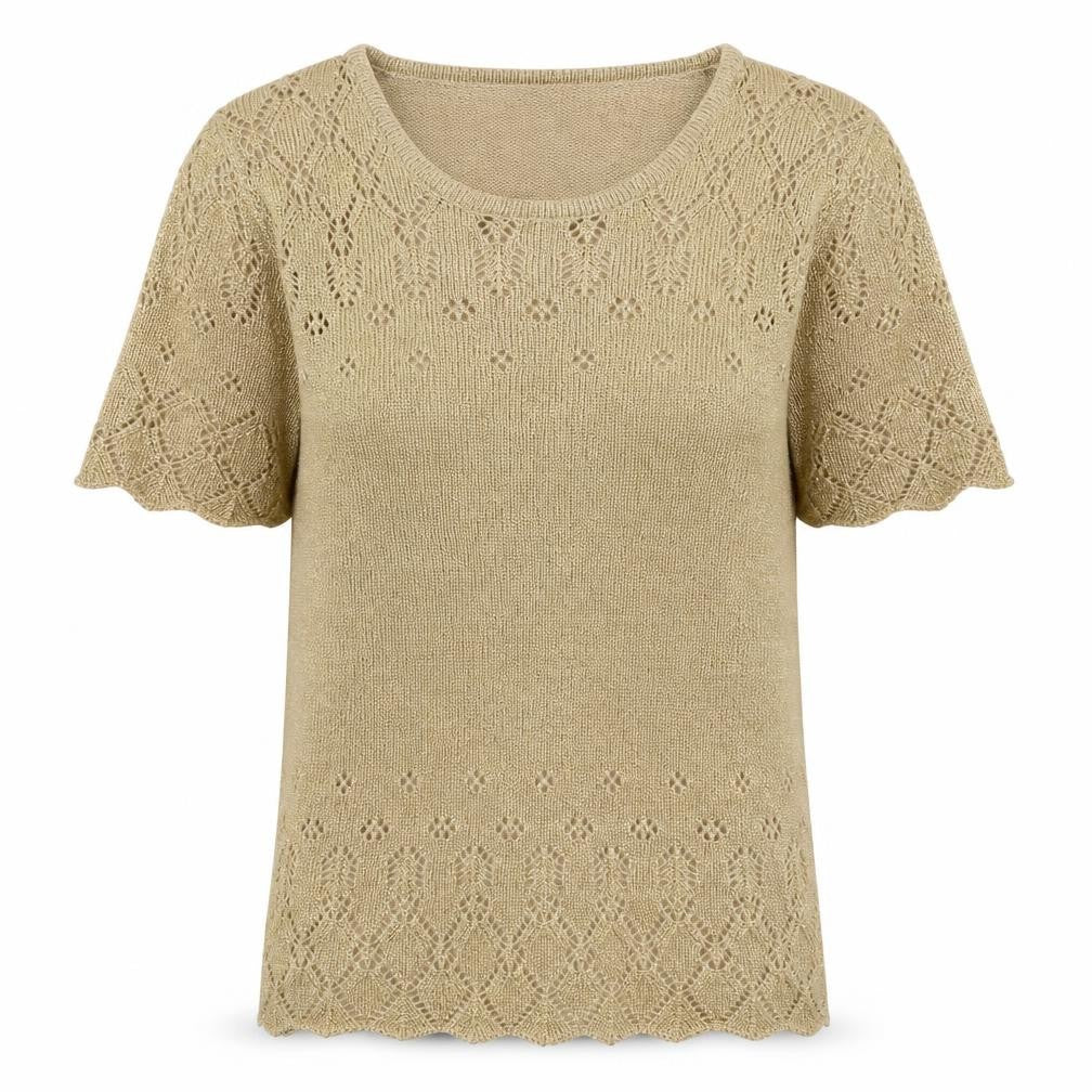 EWM Beige Short Sleeve Knit Blouse, Size 10-12, Round Neck Women's Top