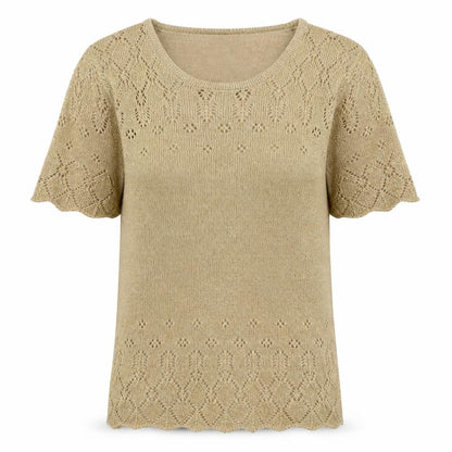 EWM Beige Short Sleeve Knit Blouse, Size 10-12, Round Neck Women's Top