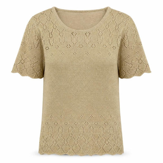 EWM Beige Short Sleeve Knit Blouse, Size 10-12, Round Neck Women's Top