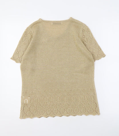EWM Beige Short Sleeve Knit Blouse, Size 10-12, Round Neck Women's Top