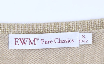 EWM Beige Short Sleeve Knit Blouse, Size 10-12, Round Neck Women's Top