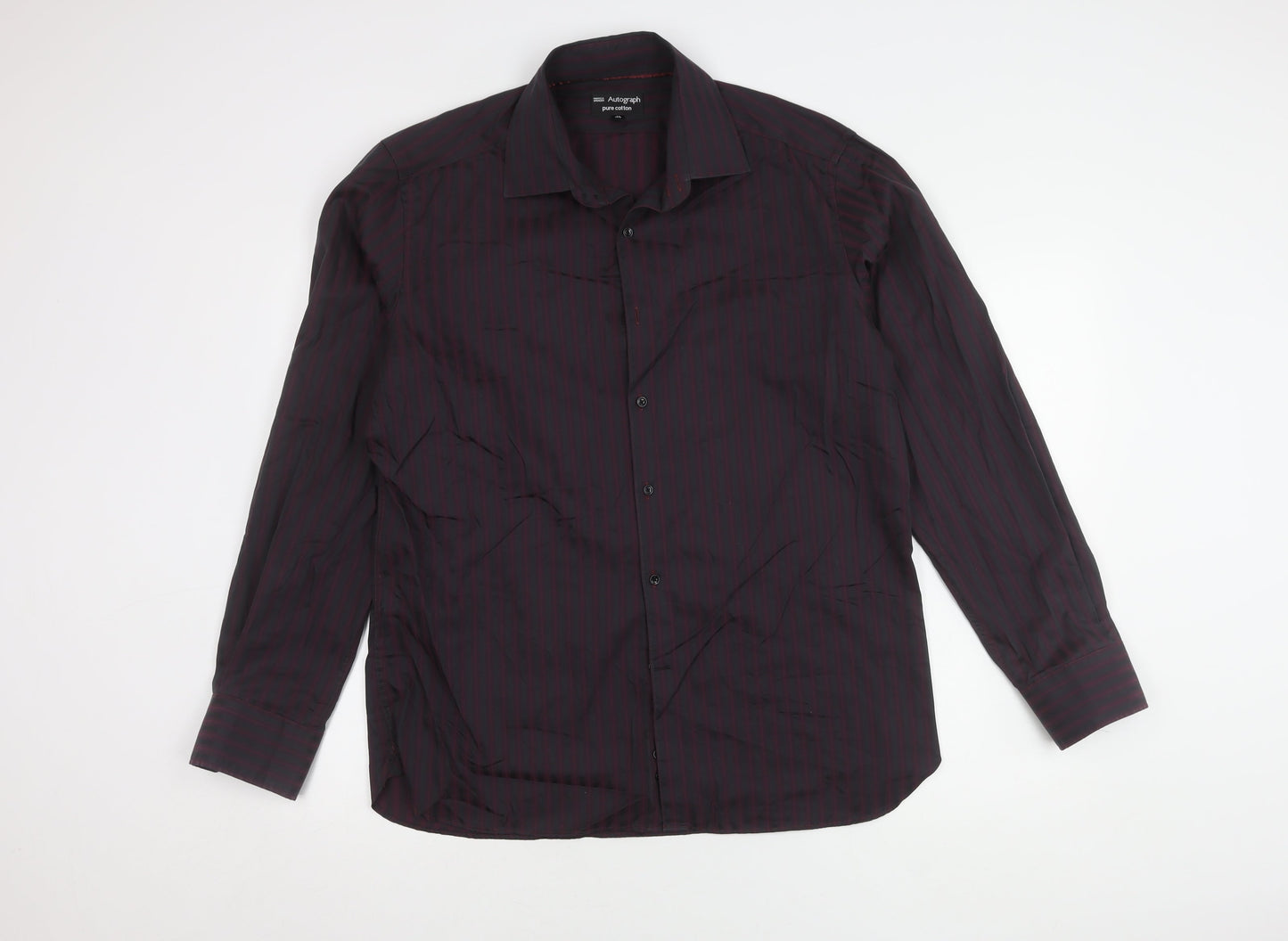Marks and Spencer Men's Red Striped Button-Up Shirt