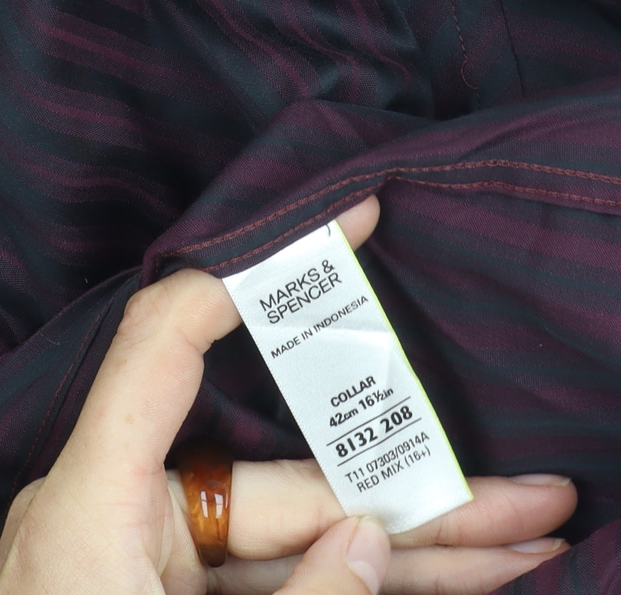 Marks and Spencer Men's Red Striped Button-Up Shirt