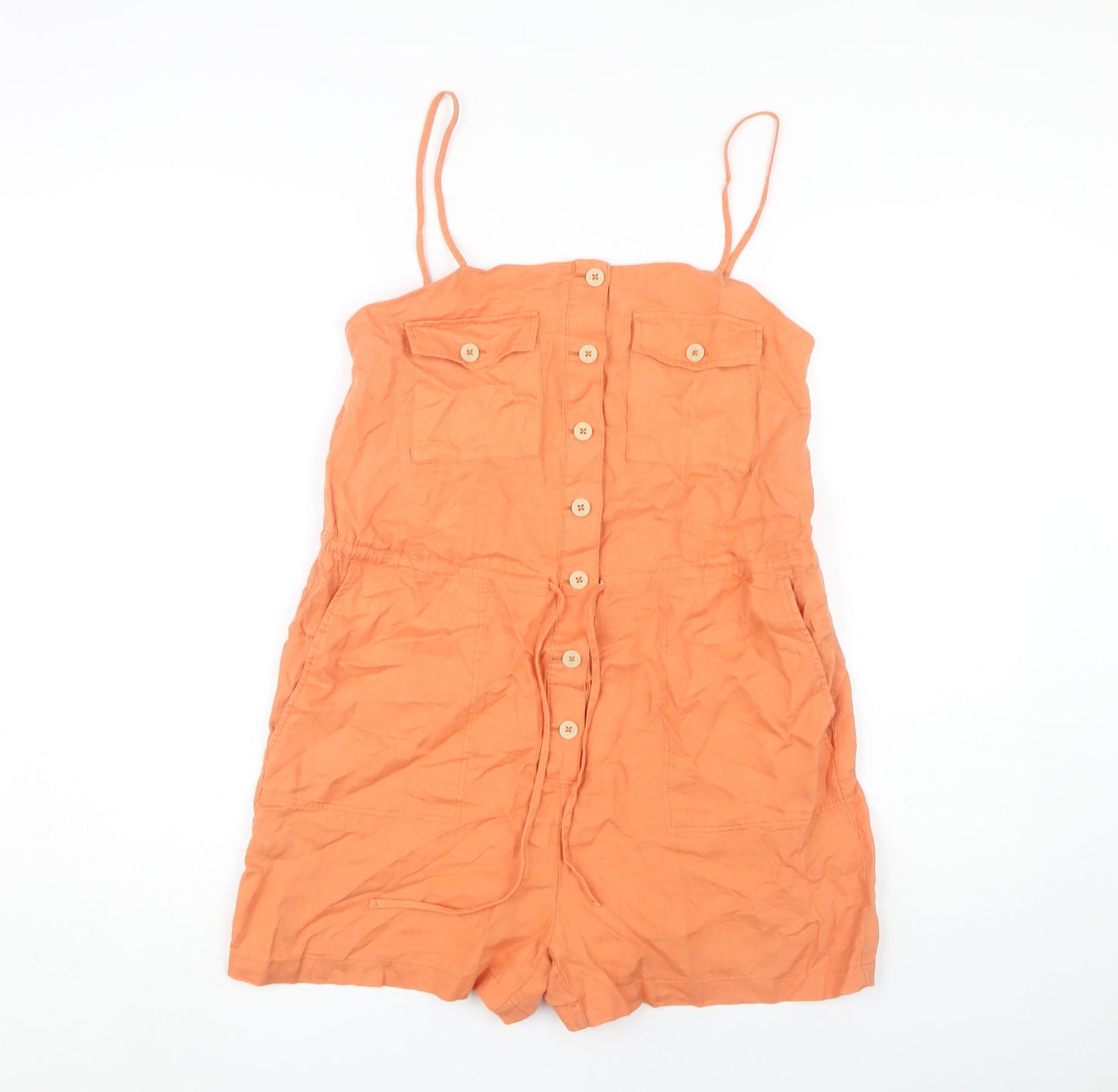 MNG Women's Orange Linen Playsuit Size 12 - Button Detail