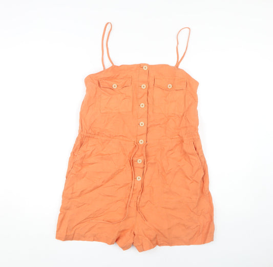MNG Women's Orange Linen Playsuit Size 12 - Button Detail
