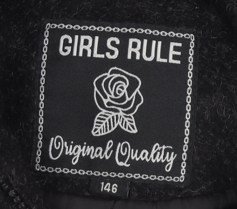 Girls Rule Black Hooded Mid-Length Coat, Size 11 Years
