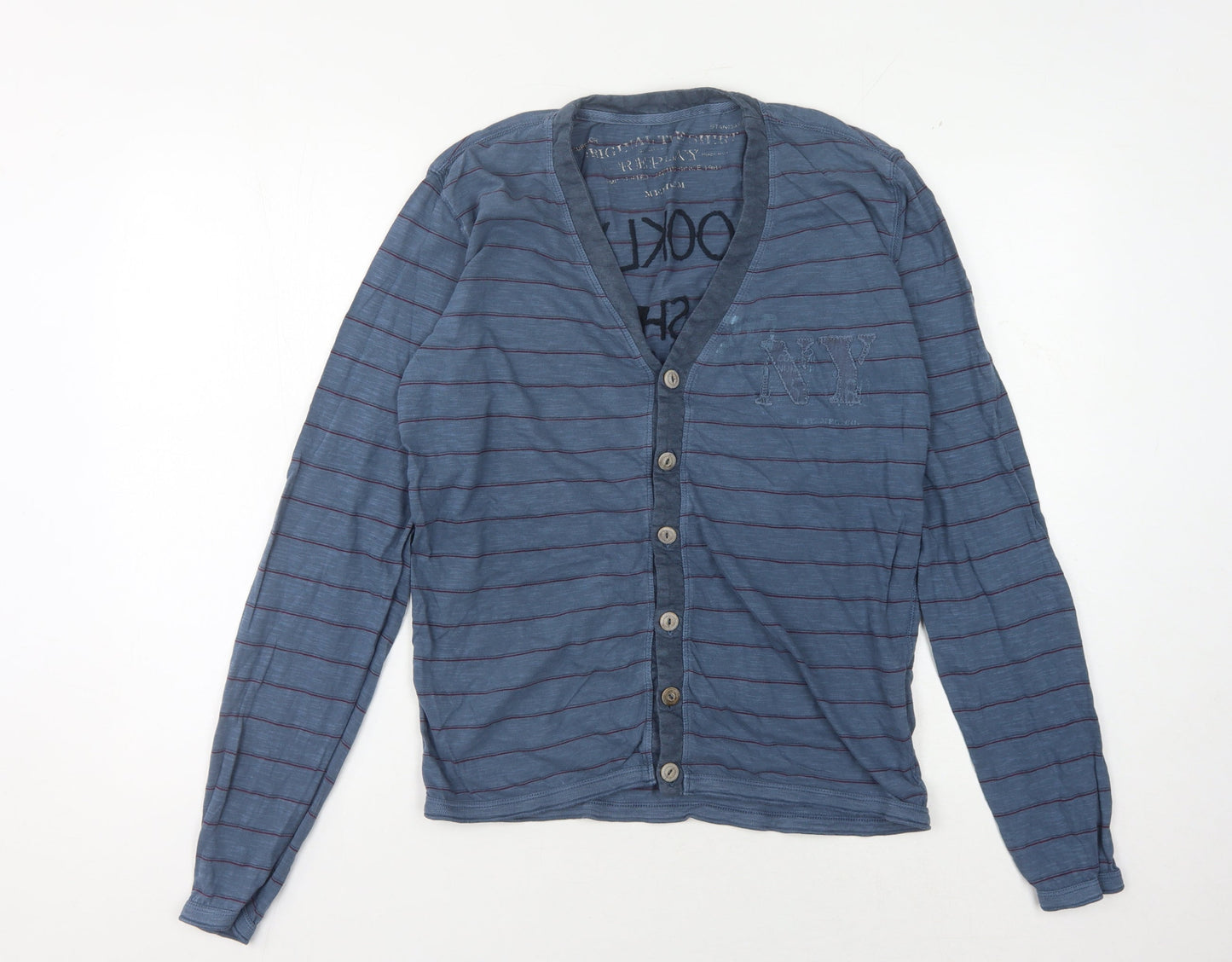 Replay Men's Blue Striped Cardigan M V-Neck Urban Style