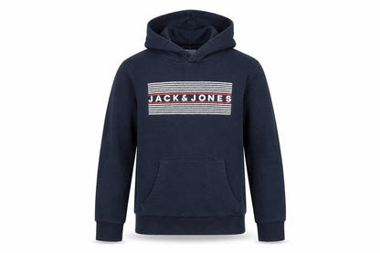 Front view of Jack & Jones boys’ blue pullover hoodie, size 12y