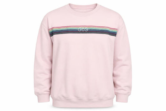Front view of G&G unisex pink striped sweatshirt l fleece logo